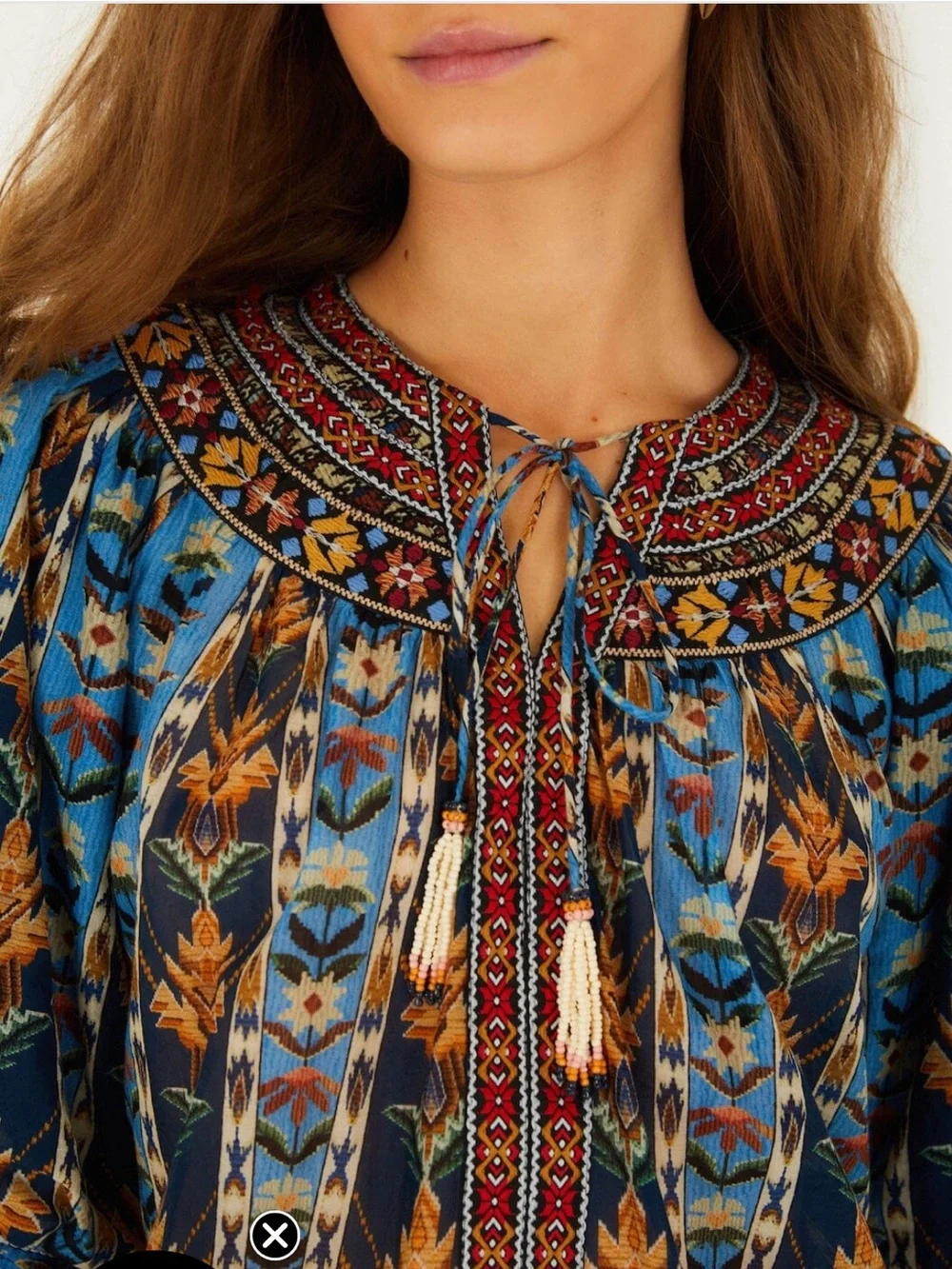Farm Rio Blue Embroidered Tapestry Tassels Puff Sleeve Blouse
